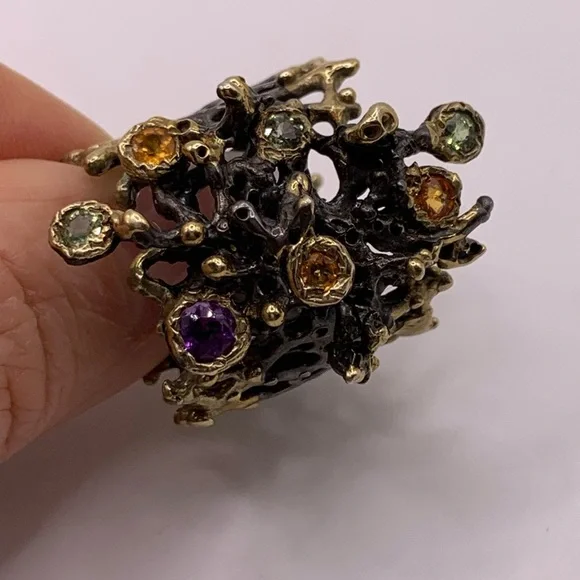Sterling silver gold plated artisan ring with colourful gems - Picture 4 of 6